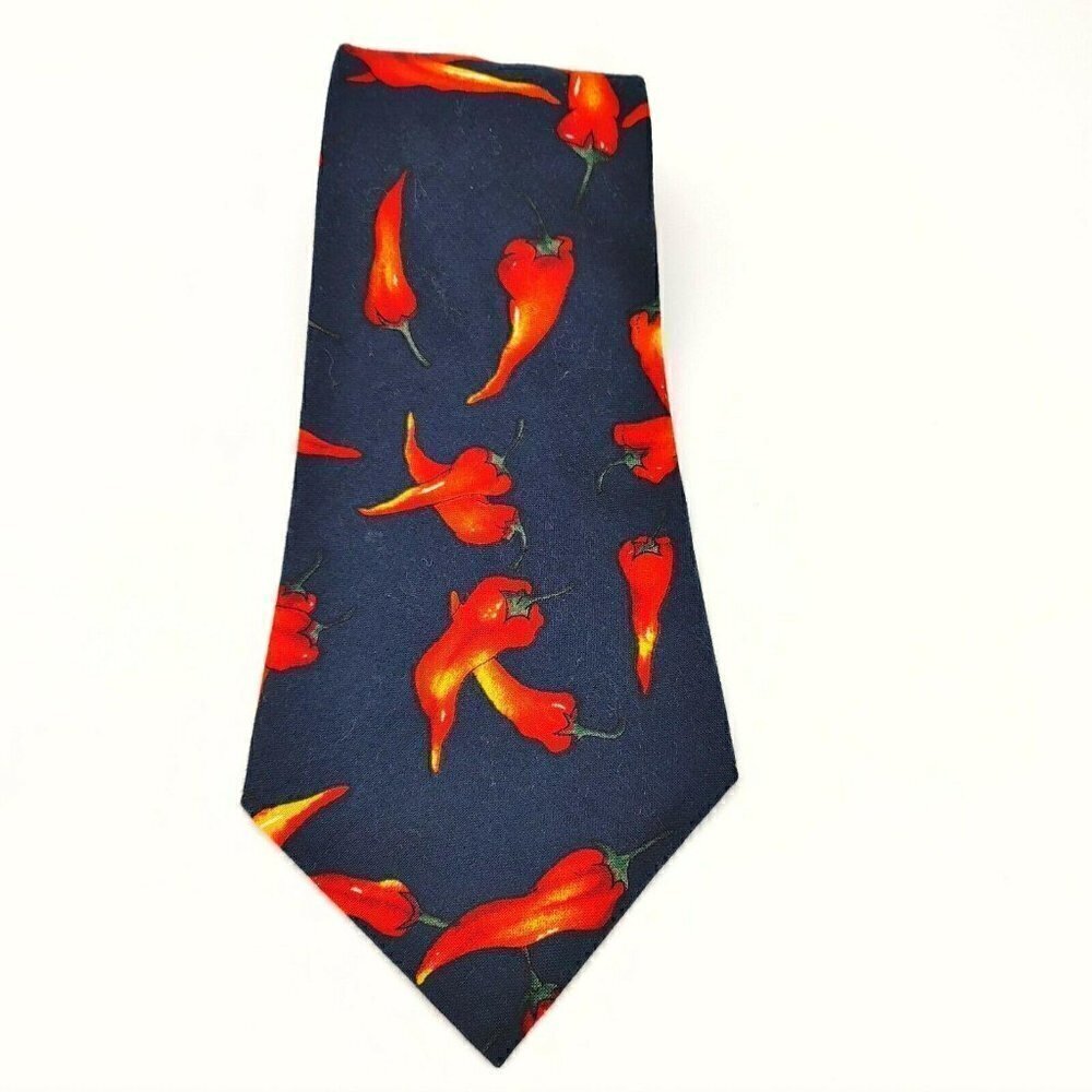 Mens Navy Blue Handmade Chili Pepper Print Formal Pointed Neck Tie Size 62x4 In